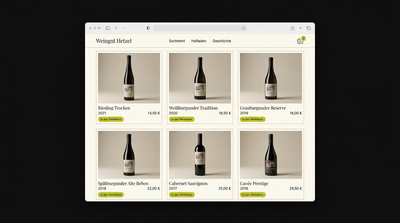 Konzept des Wein-Online-Shops mit Produktgrid, Warenkorb, sicherer Bezahlung